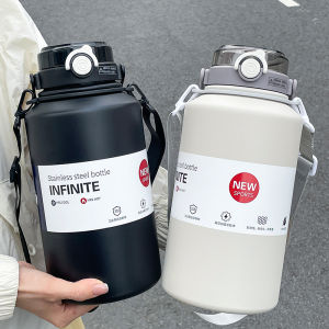 1pc 2000ml Large Capacity Stainless Steel Thermos Mug Insulated Water Bottle with Handle & Straw Leakproof Sports Water Jug fo