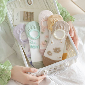 5Pairs of Summer Ultra Thin Transparent Glass Stockings non Slip Invisible Seamless Socks Breathable Floral Casual Womens Socks