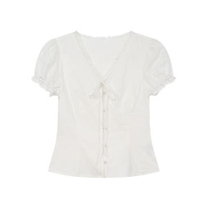 NIHAOKANONG | Áo Blouse Ôm Body Cổ V Tay Bồng Ren