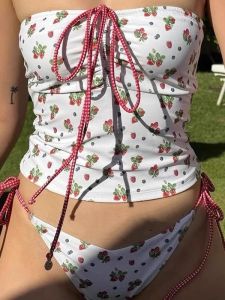 2024 Floral Tie-Dye Bikini Separate Strapless White Slimming Womens Swimsuit Beach Vacation Thermal Spa Holiday Swimwear