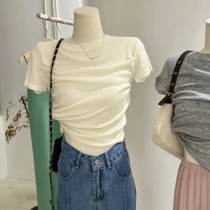 Áo Thun Modal Màu Hồng Phong Cách Mùa Hè Cho Nữ Áo Ngắn Không Đều Tay Ngắn Dáng Ôm Cổ Tròn Chất Liệu Polyester