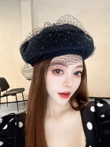 Internet Celebrity Socialite Style Elegant Gauze Beret Womens Fashion All-Matching Black Octagonal Hat British Vintage Painter Hat