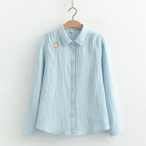 เสื้อเชิ้ตผู้หญิงแขนยาวผ้าฝ้ายลายดอกไม้สไตล์ญี่ปุ่นสุดเก๋ไก๋ เสื้อเชิ้ตผู้หญิงทรงหลวมสบายๆ ผ้าฝ้ายแท้เนื้อนุ่ม สไตล์ลำลอง