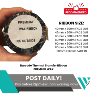 Barcode Thermal Transfer Ribbon Premium WAX FACE IN OUT (40mm/45mm/60mm/80mm/90mm/110mm x 300m)