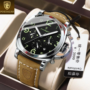 New POEDAGAR chronograph watch for men waterproof 2025 original trendy multifunctional genuine leather cool digital dial sports watches