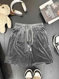 Ice Silk Velvet Shorts Mens Summer American Casual Sports Thin Five-Point Pants Drawstring Elastic Waist Outdoor Wear Mid-Pants