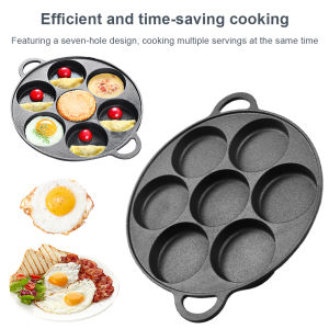 【Homelements】7-Hole Cast Iron Breakfast Skillet - Multifunctional Cookware for Omelets Pancakes and Ham (Works on Gas/Induction)