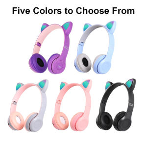 P47M Cat Ear Bluetooth 5.0 Headphones RGB Lights Wireless Headset Adjustable Headband Rechargeable Stereo Music Gaming Earphone with Mic