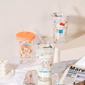 Sanrio Cartoon Pattern Glass Mug & Sedotan Milk Cup 450ML/ 15.5 oz