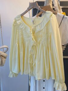 PAIBOLI | Chic Miniature French Style Shirt Milk Yellow Lace Collar Versatile Short Sleeve Regular Length Other Material 100% Summer 2023
