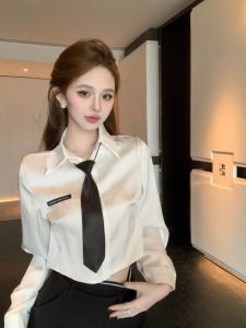 GUZILIAN | Elegant Short Satin Polo Shirt Womens Design Sense Tie Korean Style Straight Cut Long Sleeve Pure Color Commute Fashion