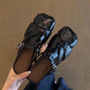 FANGXI | Punched Square-Toe Sheepskin Slippers with Inner Elevator Sandals