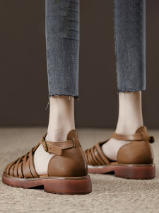 Retro Bullhide Open-Toe Sandals Womens Summer New Hollow out Breathable Cage Shoes Woven Casual Hole Hole Womens Shoes