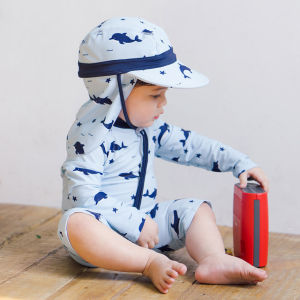 Swimming Outfit for Kids Boys Long Sleeve Rash Guard Swimming Suit for Children Baby One Piece Swimsuit with Sunny Hat Light Blue with Dolphins Pattern