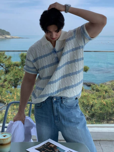Summer 2025 Mens Loose Fit Short Sleeve Polo Shirt Trendy Design Striped Top Casual Versatile Fashionable Korean Style
