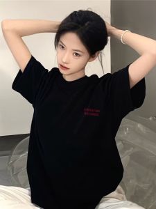 Pure Cotton Black Short Sleeve T-Shirt Womens Loose Fit Shoulder High Street American Style Summer Top Commute Korean Version