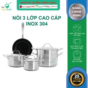 Bộ nồi chảo chống dính đáy từ 3 lớp đáy liền Inox 304 cao cấp Fivestar Plus FPB5006 nắp kính  bảo hành 25 năm