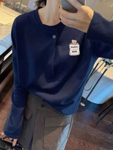 เสื้อยืดคอกลมแขนยาวหลวมสำหรับผู้หญิง สไตล์เกาหลี ลายหมี ปกโปโล ผ้าฝ้ายแท้ ใส่ไปทำงานในฤดูใบไม้ผลิและฤดูใบไม้ร่วง