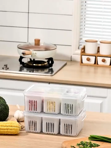 4 Grids Refrigerator Food Vegetable Fruit Storage Box/ Kitchen Chopped Green Onion Drain Divided Container