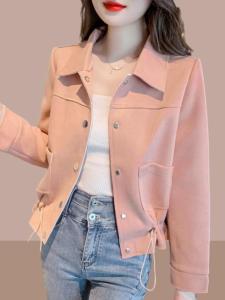 เสื้อแจ็คเก็ตยีนส์สั้นสไตล์ลำลองสำหรับผู้หญิง ฤดูใบไม้ผลิและฤดูใบไม้ร่วง ไซส์ใหญ่ ทรงหลวม ปกจั๊มปะทุ แขนยาว สีพื้น