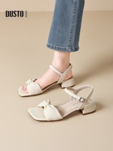 DUSTO | Strap Square Toe French Style Chunky Heel Sandals with Bow