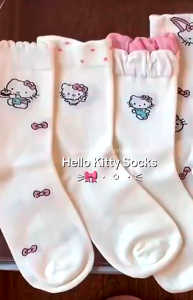 Stoking Kucing KT Stoking Tiub Sederhana Wanita Putih Nipis Kitty Sock Pink Tube凯蒂猫粉色袜子