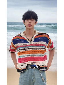 Áo Thun Nam Cổ Polo Tay Ngắn Dệt Kim Sọc Nhiều Màu Áo Thun Đi Biển Phong Cách Mỹ Cổ Điển Áo Thun Mùa Hè Thường Ngày