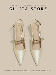 Gulita Embroidered Champagne Color Pointed Toe High Heels Womens Thin Heel Match Skirt Cheongsam Buckle Head Sandals