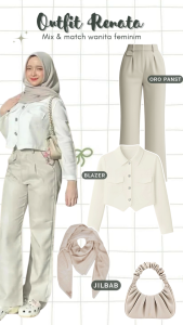 One Set Korean Selebgram Hijab Bella Square & Blazer Crop Putih & Celana Oro Panst Knit Ivory 56A