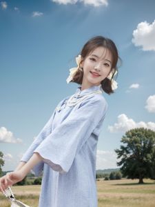 ชุดกี่เพ้าคอพวงดอกไม้สีฟ้า แขนยาว 7 นิ้ว สไตล์ย้อนยุค เดรสยาวทรงเอ ชุดกี่เพ้าสไตล์จีน ผ้าโพลีเอสเตอร์ ฤดูใบไม้ร่วง 2024