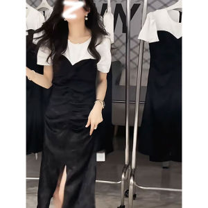 ชุดเดรสสั้นคอตั้งสไตล์ฝรั่งเศสสำหรับผู้หญิง ปี 2025 ชุดกระโปรงทรงเอเข้ารูปเอวเข้ารูป กระโปรงสั้นเปิดหน้าอก ชุดกระโปรงยาวคลุมเข่า