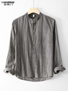 Chinese Style Stand Collar Long Sleeve Cotton Linen Shirt Men Summer Thin Folded Sense Linen Shirt Vintage Cotton Linen Shirt