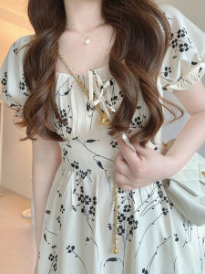 Elegant French Style Floral Print Summer Dress Womens Square Collar Gathered Waist Long A-Line Skirt High Waist Bubble Sleeve