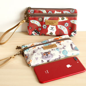 กระเป๋าใส่เหรียญผ้าอ็อกซ์ฟอร์ดกันน้ำ กระเป๋าถือผู้หญิง กระเป๋าใส่โทรศัพท์มือถือแบบซิปคู่ กระเป๋าคาดข้อมือผู้หญิง กระเป๋าใส่เหรียญลายการ์ตูน