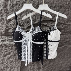 เสื้อกั๊กผู้หญิงทรงเข้ารูป ผ้าลูกไม้ลายจุด ผูกโบว์ แขนกุด ทรงเข้ารูป สำหรับผู้หญิง ฤดูใบไม้ร่วง 2025 ใหม่ เสื้อชั้นในเสริมหน้าอก แฟชั่น