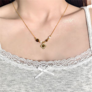 สไตล์จีนใหม่คาราเมล Rhombus ดอกไม้ Tiger Eye สีหิน สร้อยคอลูกปัด Clavicle Chain < Ne1> คอแฟชั่นเครื่องประดับสําหรับผู้หญิง