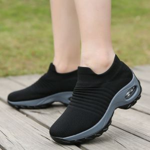 Korean Fashion Slip On Sock Shoes For Women Lightweight Breathable Thick Sole Casual Black Rubber Shoes For Women On Sale