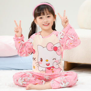 ชุดนอนเด็กผู้หญิงแขนยาวบางฤดูใบไม้ผลิและฤดูใบไม้ร่วง ชุดนอนฤดูร้อนสำหรับเด็กผู้หญิง ชุดอยู่บ้าน ชุดนอนผ้าฝ้ายผสมโพลีเอสเตอร์