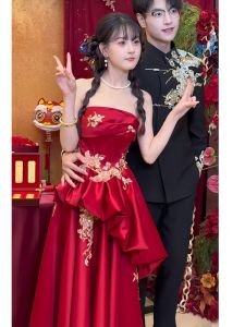 ชุดแต่งงานคอวีหรูหรา ชุดราตรีผู้หญิง ชุดยาวปานกลาง ผ้าฝ้ายโพลีเอสเตอร์ผสม ไม่มีแบรนด์ ชุดราตรีสีพื้น ไม่มีแขน