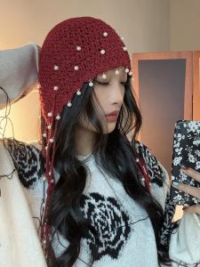 หมวกไหมพรมสีแดงทำมือสำหรับผู้หญิง ทรงกลม ไม่มีขอบ ฤดูร้อน ฤดูใบไม้ร่วง ฤดูใบไม้ผลิ ฤดูหนาว หมวกคลุมศีรษะแบบสวม