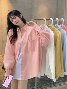 Pink Loose Long Sleeve Shirt Womens Spring Autumn Lazy Style Fashionable Small Size Versatile Outerwear Korean Version POLO Collar