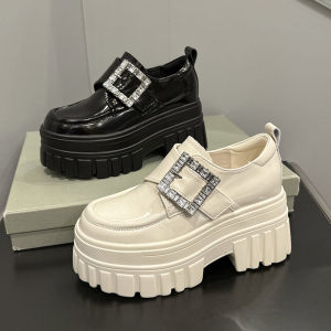 Thick Sole Platform Shoes Small Leather Shoes Womens European Station 2023 Fall and Winter New Arrival Rhinestone Increased 8cm Deep Mouth Flats Loafers