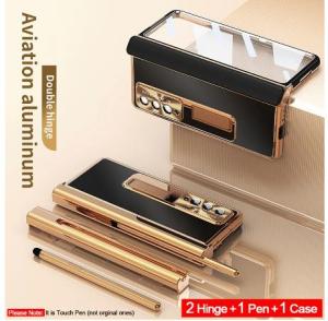 [With Pen+Screen Protective Film] FLOVEME Aluminium Alloy Metal Pencil Phone Case For Samsung Galaxy Z Fold 4 Fold 3 5G With Tempered Glass Screen Film Bracket Hinge Full Protection Back Cover For Galaxy Z Fold 4 Fold 3