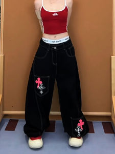 Retro American Design Leopard Print Cross Stitching Loose Womens Jeans Lazy Feel Sword Pants High Waist Zipper Closure