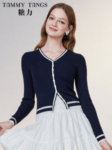 TAMMY TANGS | Chic Youthful Color-block Long-sleeve Slim-fit Ice Silk Knit Sweater