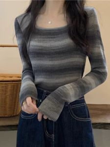 Design Sensation Stripe Square Collar Short Knitted Sweater Women Long Sleeve Spring Autumn Winter Sweet Spicy Slim Fit Base Layer Top