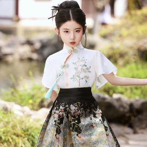 ชุดเด็กผู้หญิงสไตล์จีนโบราณสีดำ ชุดฤดูร้อน ชุดฮันฟู กางเกงกระโปรงทรงม้า เสื้อผ้าเด็กสไตล์จีนใหม่