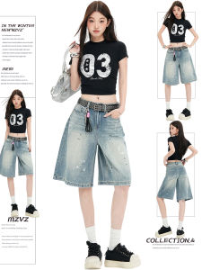 MZVZ | Vintage Blue Ink Spots Loose Wide Leg Denim Shorts