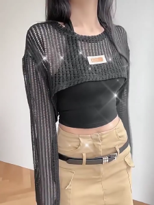 🔥Fran🔥2025 NEW Hollow-out Long Sleeved Top Design Sense Niche Short Smock Knitted Shawl