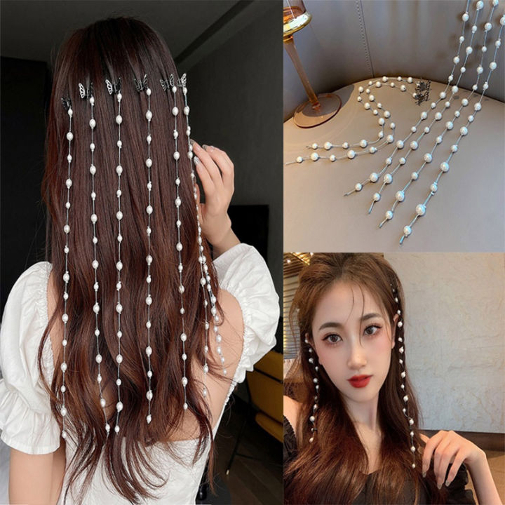 Korean Hairpins for Women Long Tassel Hair Accessories Pearl Braided Hair Clip Chain Artifact